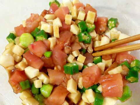 マグロ山芋オクラのネバネバユッケ風